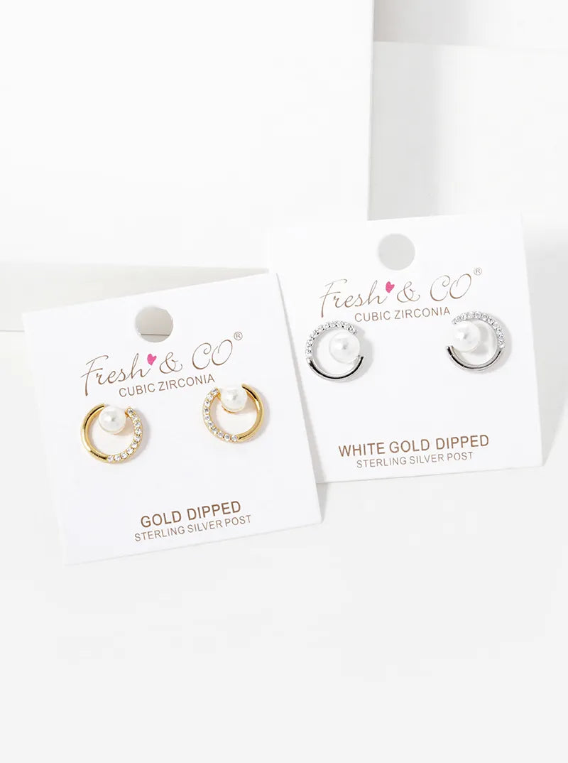 18K Gold Dipped CZ Pave Circle With Pearl Stud Earrings