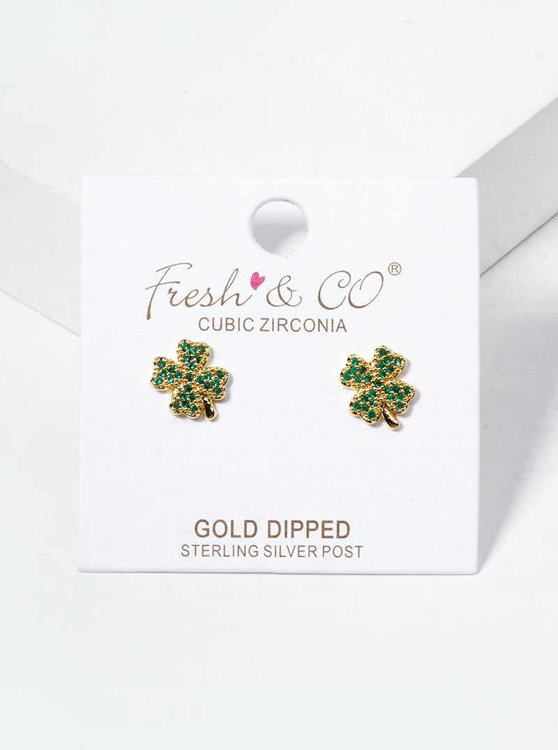 18K Gold Dipped CZ Pave Clover Stud Earrings