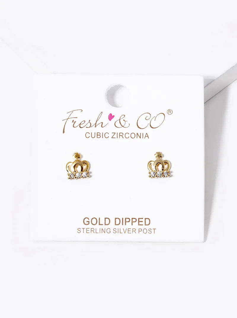 18K-Gold-Dipped CZ Pave Crown Post Stud Earrings