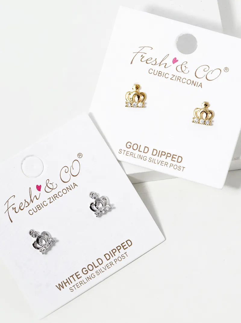 18K-Gold-Dipped CZ Pave Crown Post Stud Earrings