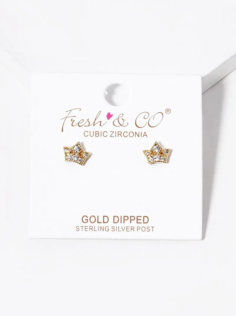 18K-Gold-Dipped CZ Pave Crown Stud Earrings
