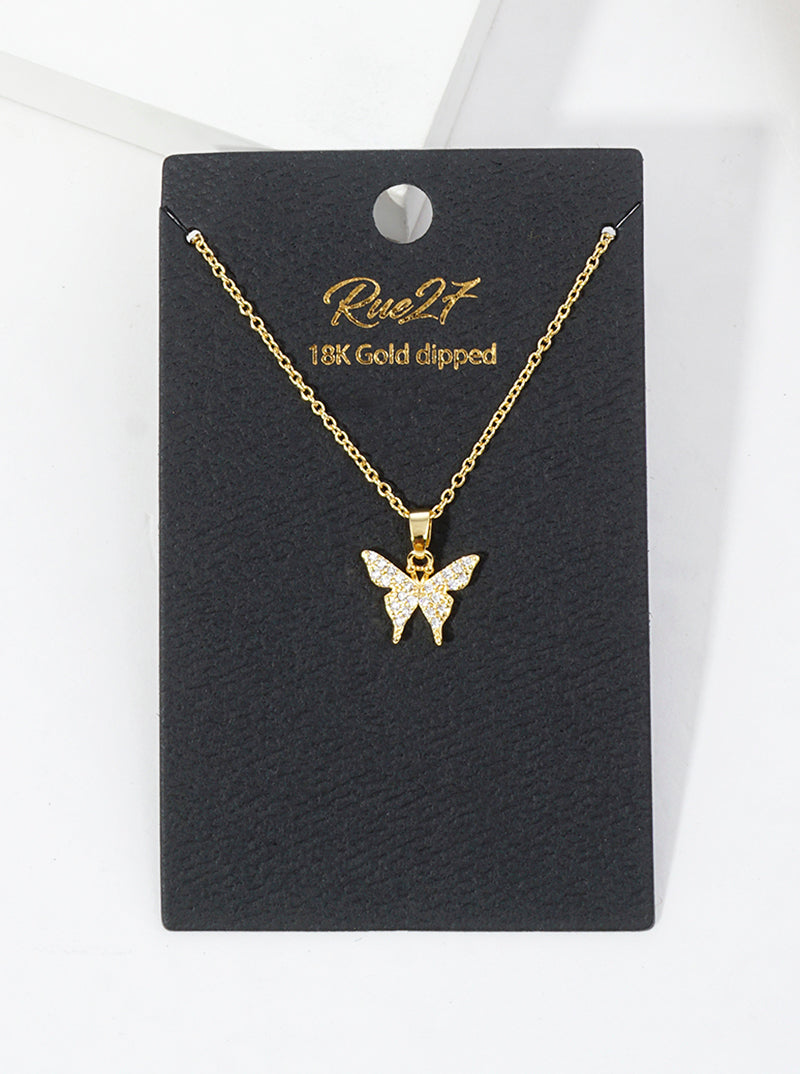 White Gold Dipped CZ Pave Delicate Butterfly Pendant Necklace