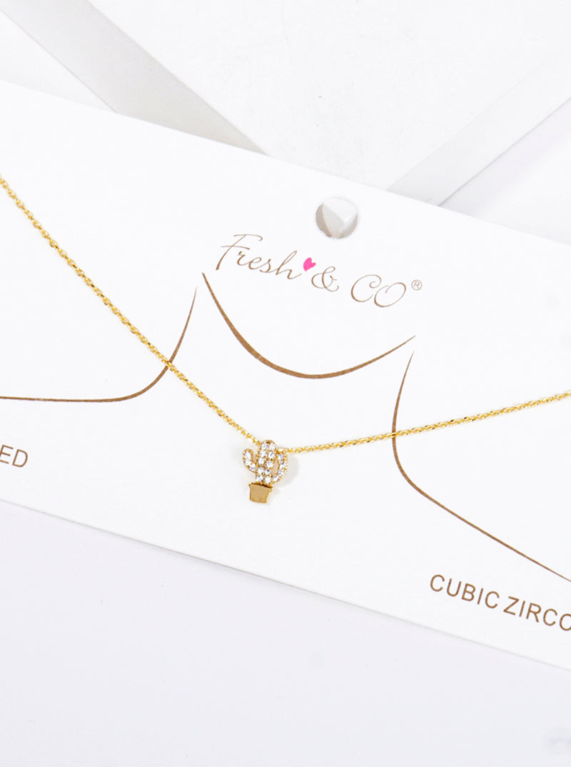18K Gold Dipped CZ Pave Delicate Cactus Pendant Necklace