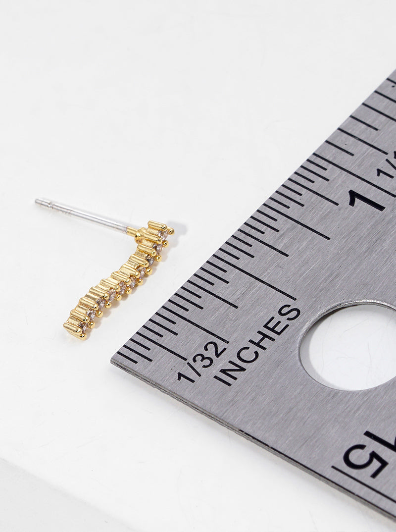 18K Gold Dipped CZ Pave Delicate Curved Bar Post Stud Earrings