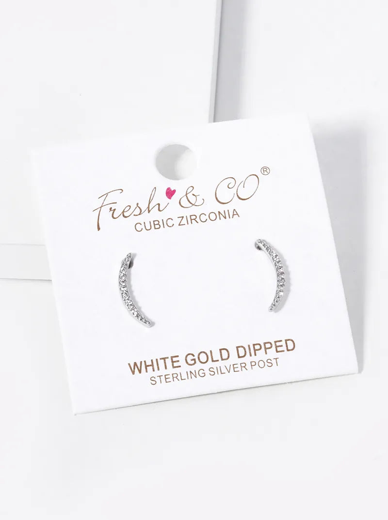 18K Gold Dipped CZ Pave Delicate Curved Bar Stud Earrings