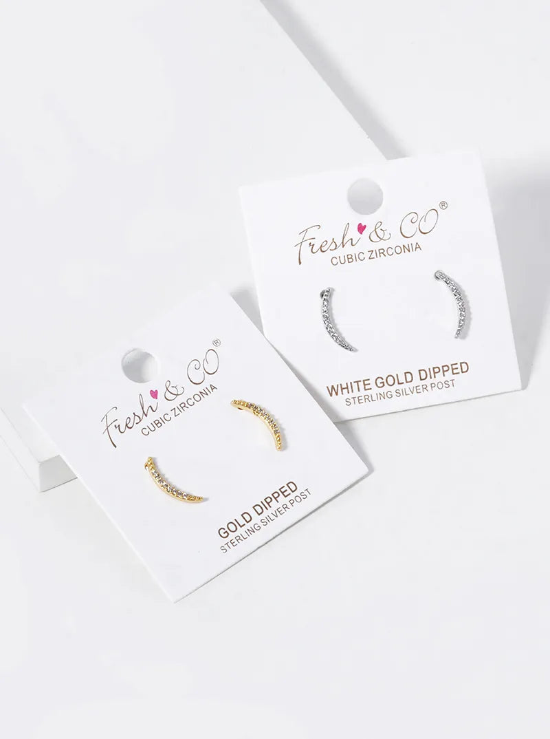 18K Gold Dipped CZ Pave Delicate Curved Bar Stud Earrings