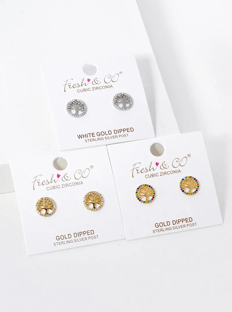 18K Gold Dipped CZ Pave Delicate Tree Of Life Stud Earrings