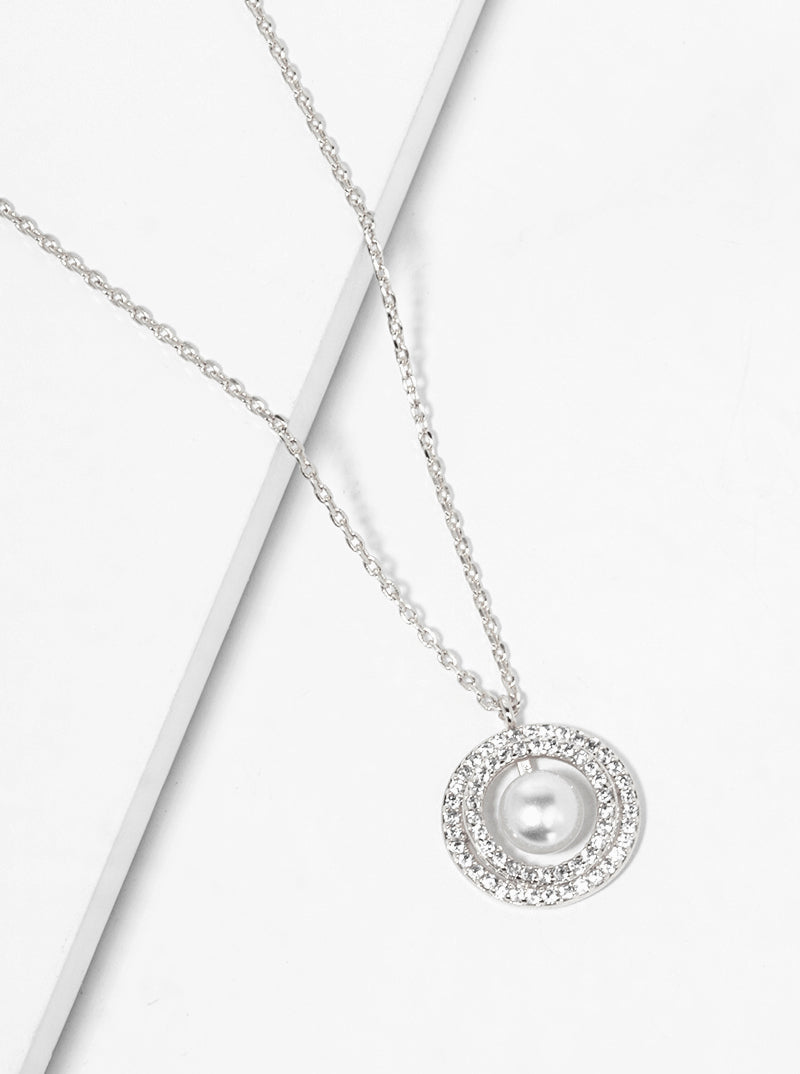 18K Gold Dipped CZ Pave Double Circle Pearl Pendant Necklace