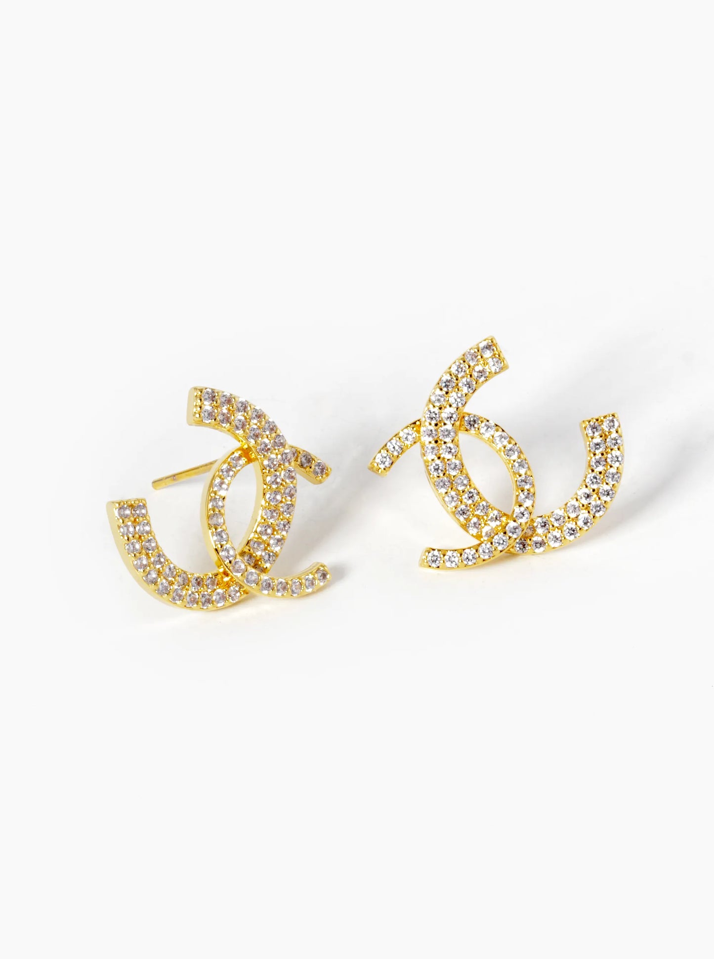 18K-Gold-Dipped CZ Pave Double Interlocking C Stud Earrings