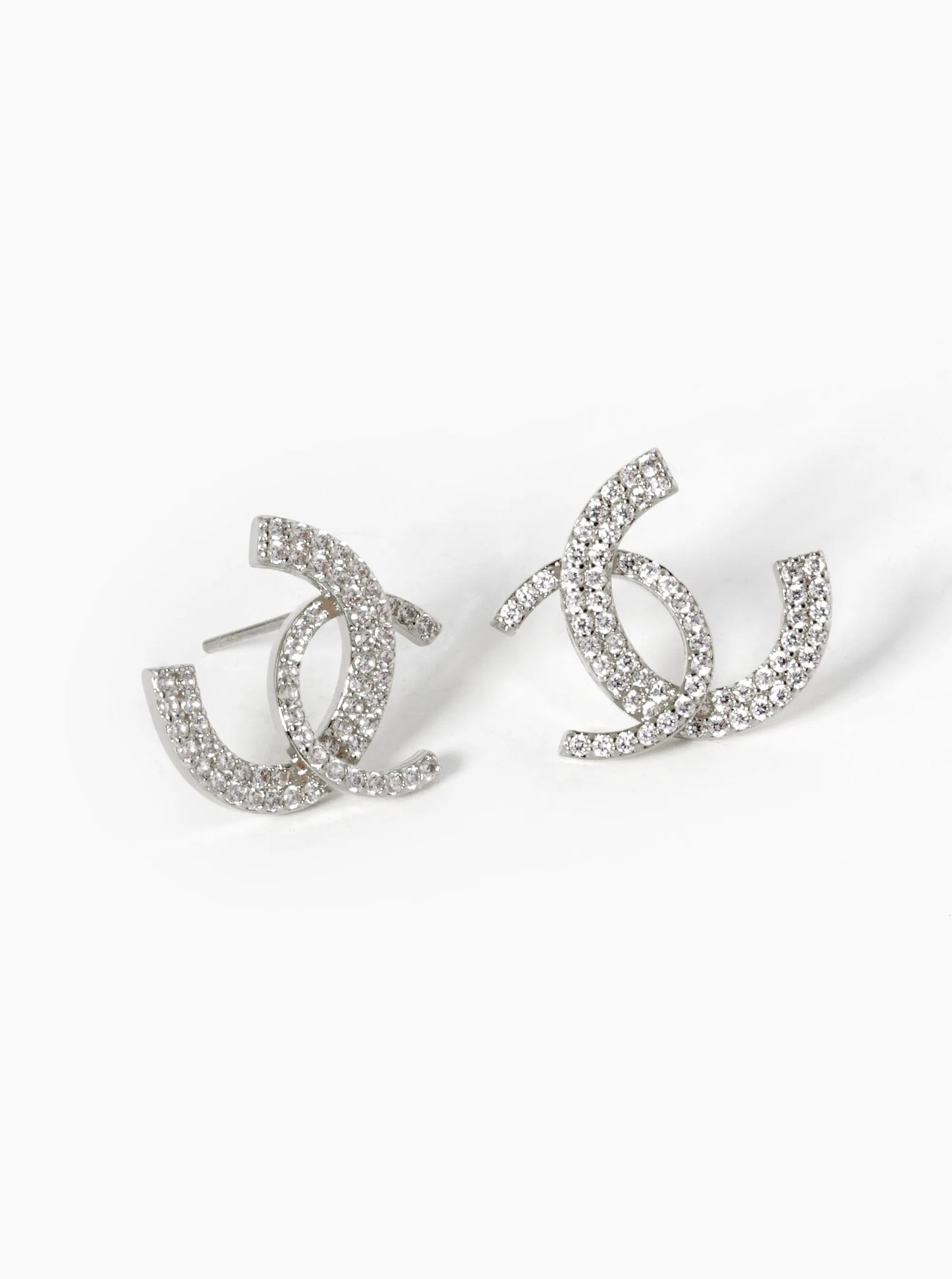 18K-Gold-Dipped CZ Pave Double Interlocking C Stud Earrings