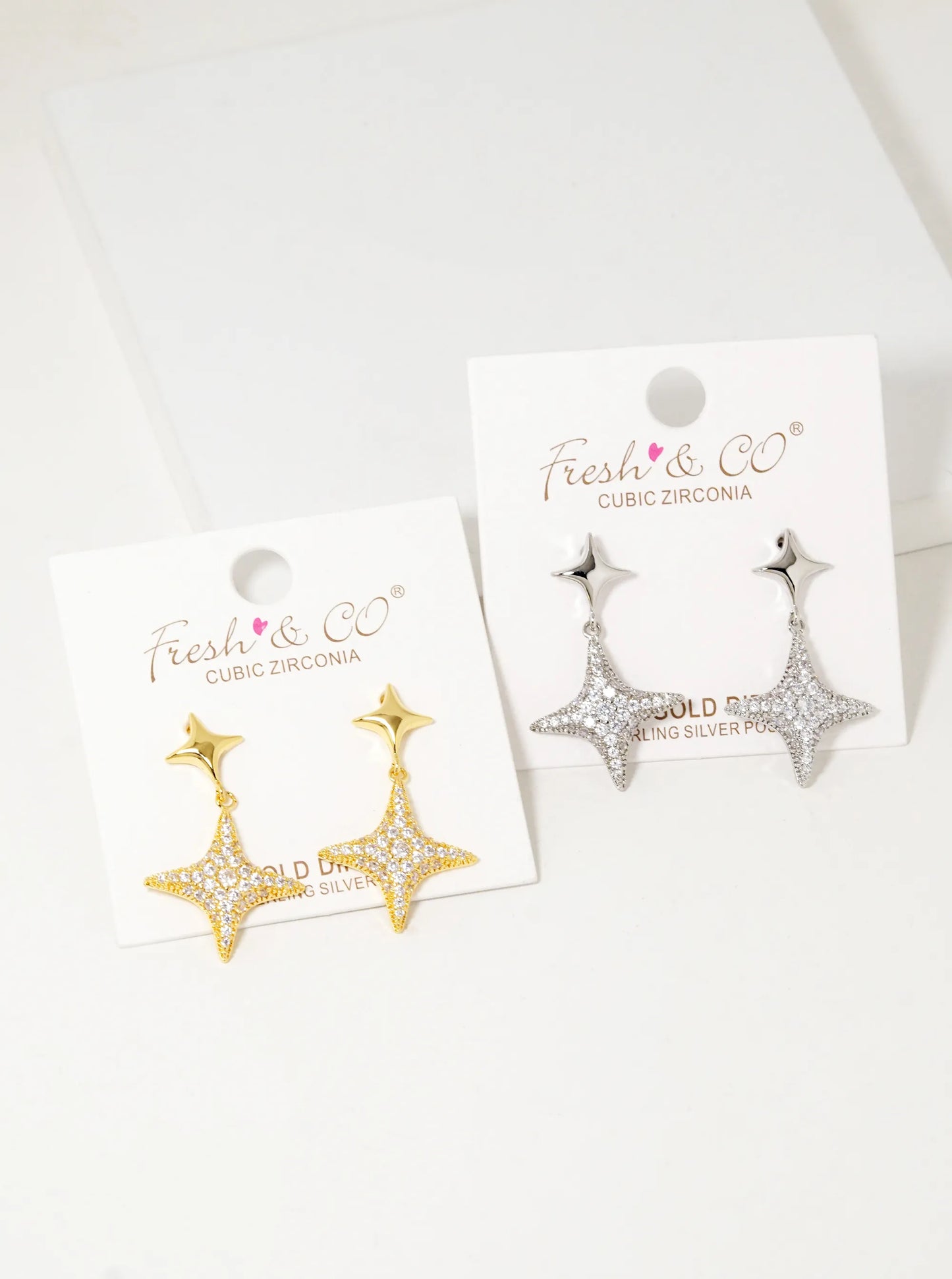 18K Gold Dipped CZ Pave Double Puffy Sparkle Stars Drop Earrings