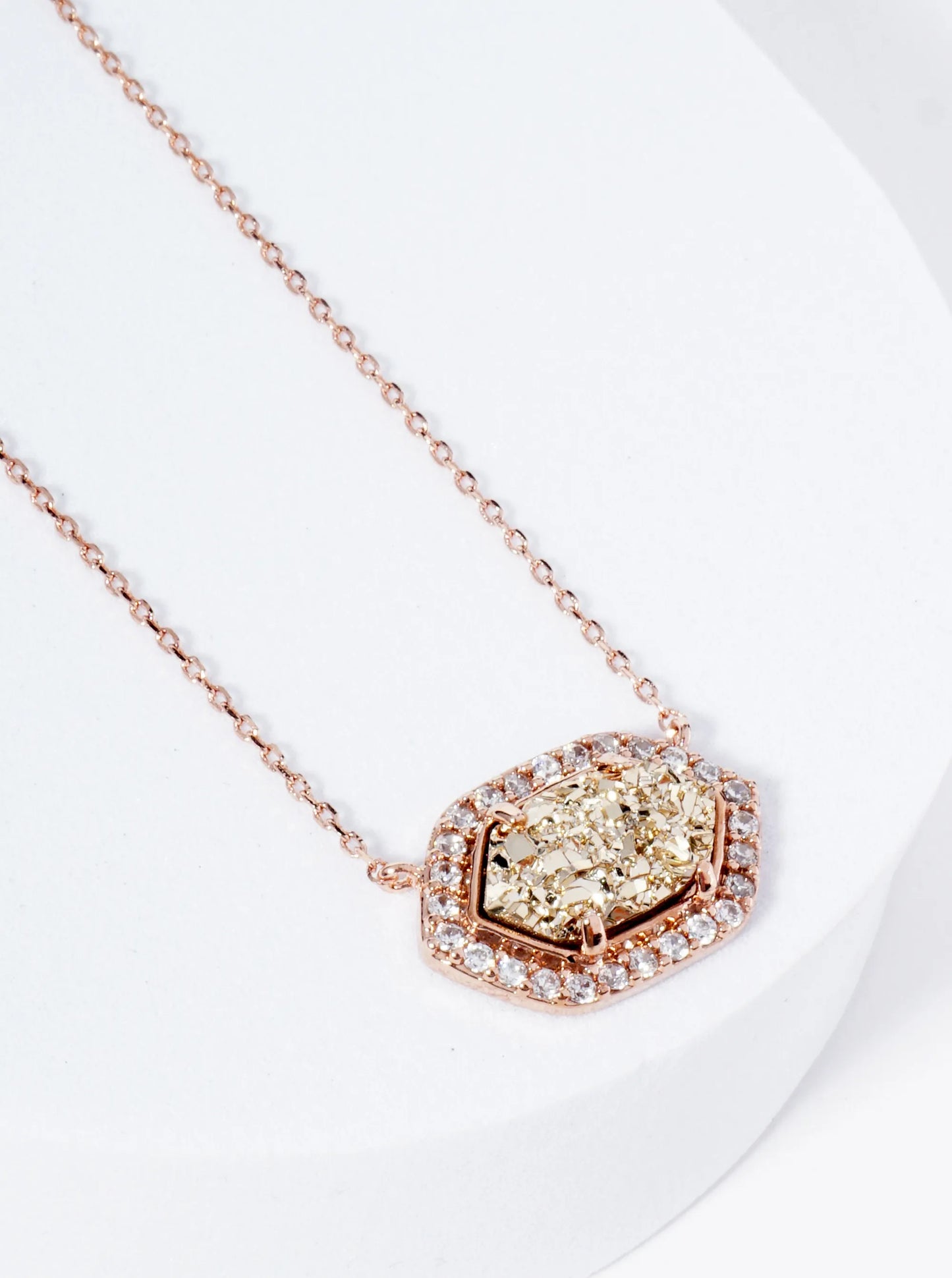 18K Gold Dipped CZ Pave Elongated Druzy Hexagon Pendant Necklace