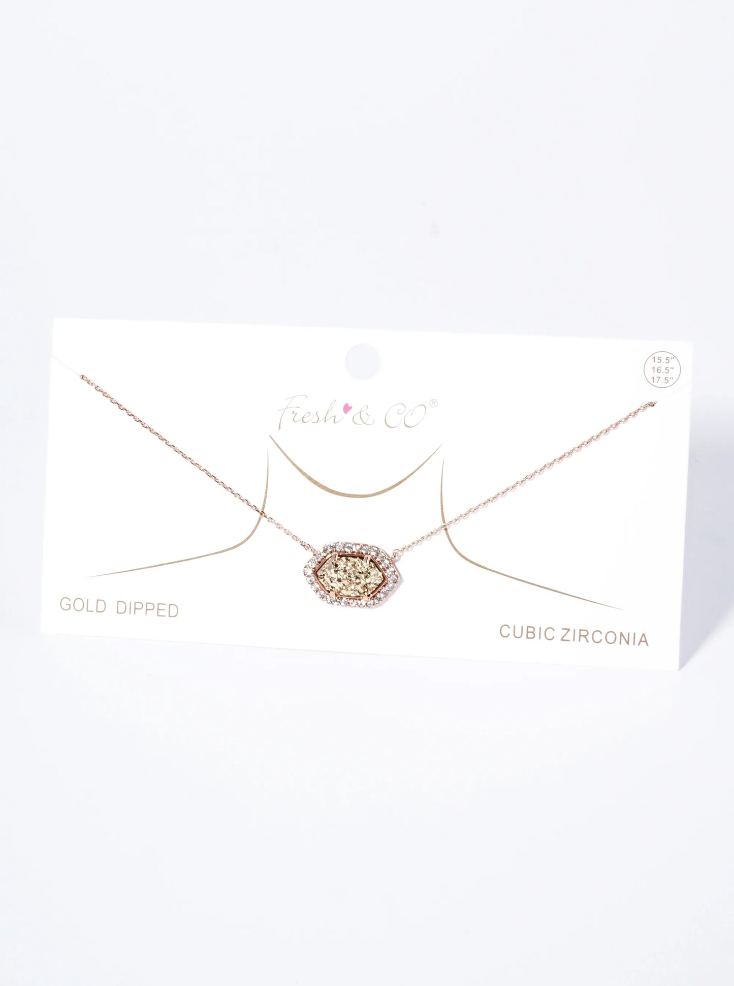 18K Gold Dipped CZ Pave Elongated Druzy Hexagon Pendant Necklace