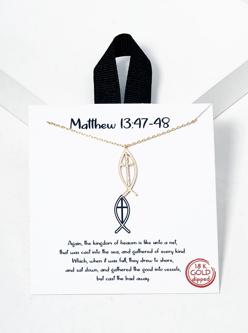 18K Gold Dipped CZ Pave Fish With Cross Pendant Necklace