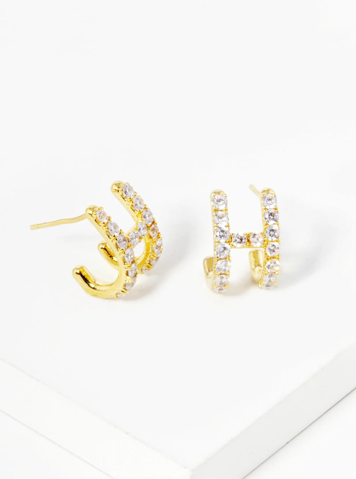18K Gold Dipped CZ Pave H Shape 13mm Hoop Earrings