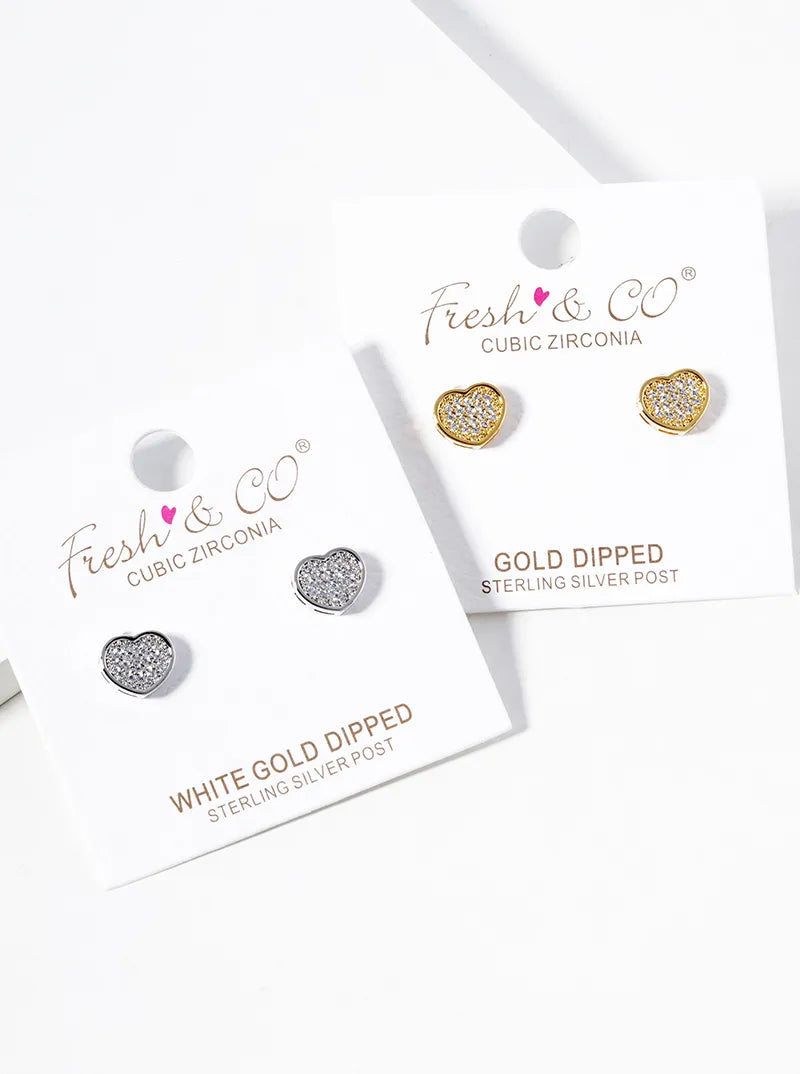 18K Gold Dipped CZ Pave Heart Post Stud Earrings