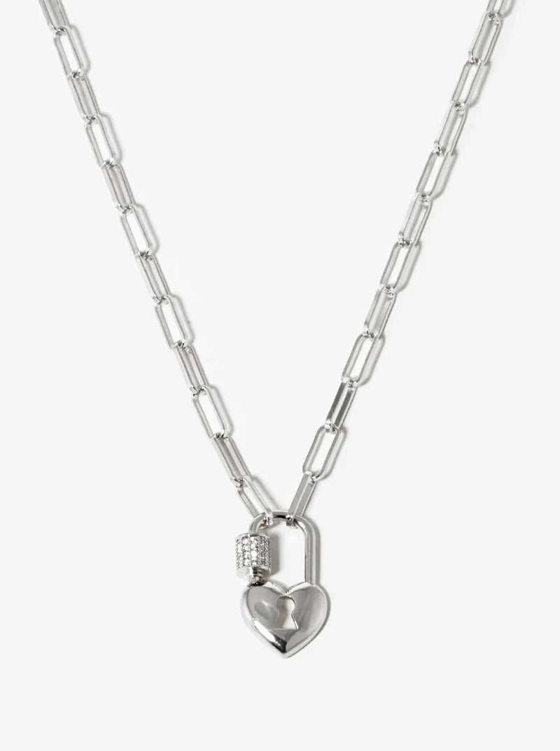 18K Gold Dipped CZ Pave Heart Shape Love Lock Pendant Chain Necklace