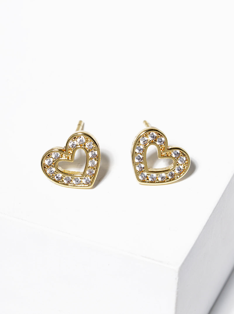18K Gold Dipped CZ Pave Heart Stud Earrings
