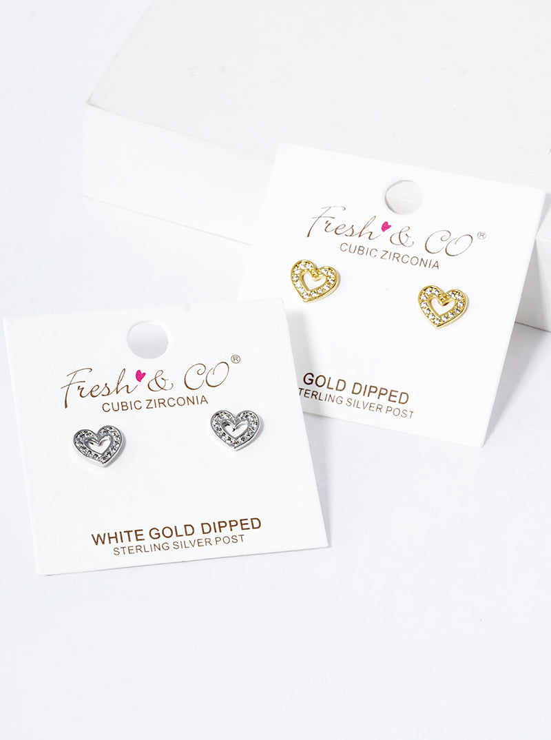 18K Gold Dipped CZ Pave Heart Stud Earrings