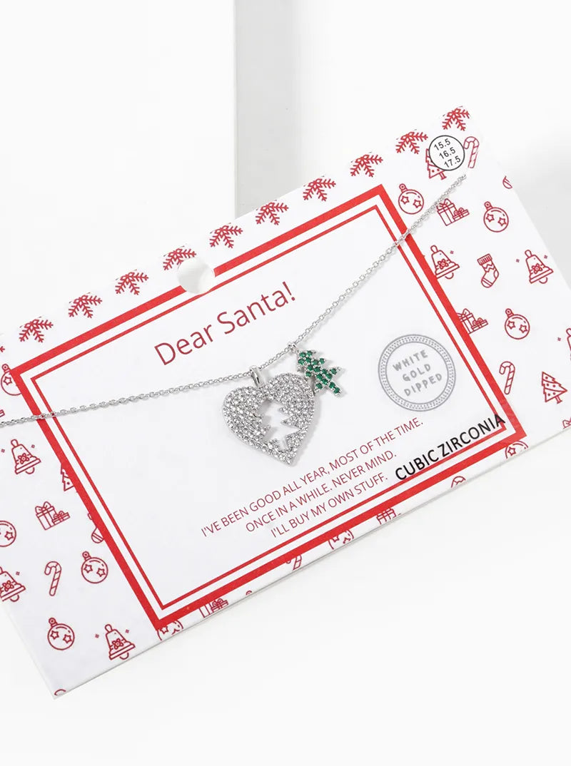18K Gold Dipped CZ Pave Heart And Christmas Tree Pendant Necklace