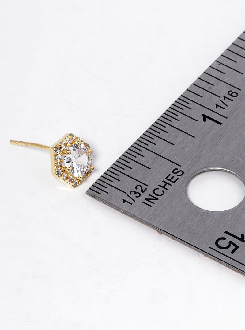 18K Gold Dipped CZ Pave Hexagon Post Stud Earrings