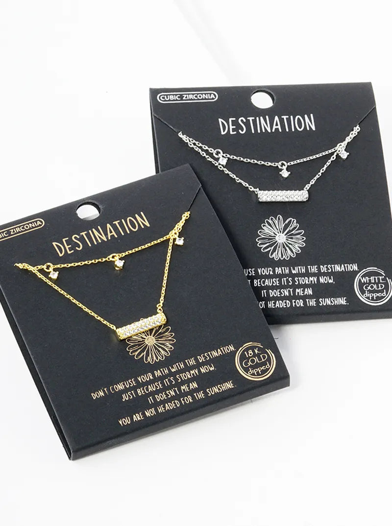 18K Gold Dipped CZ Pave Horizontal Bar Pendant Layered Necklace