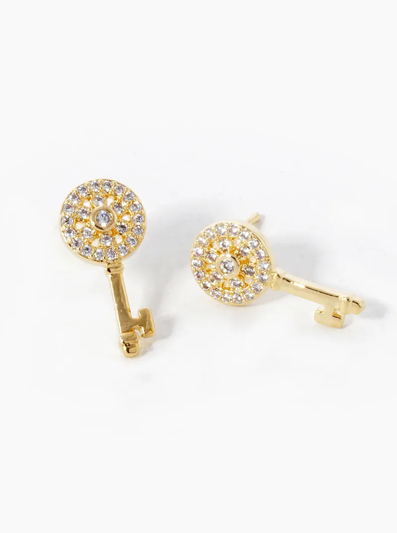 18K-Gold-Dipped CZ Pave Key Stud Earrings