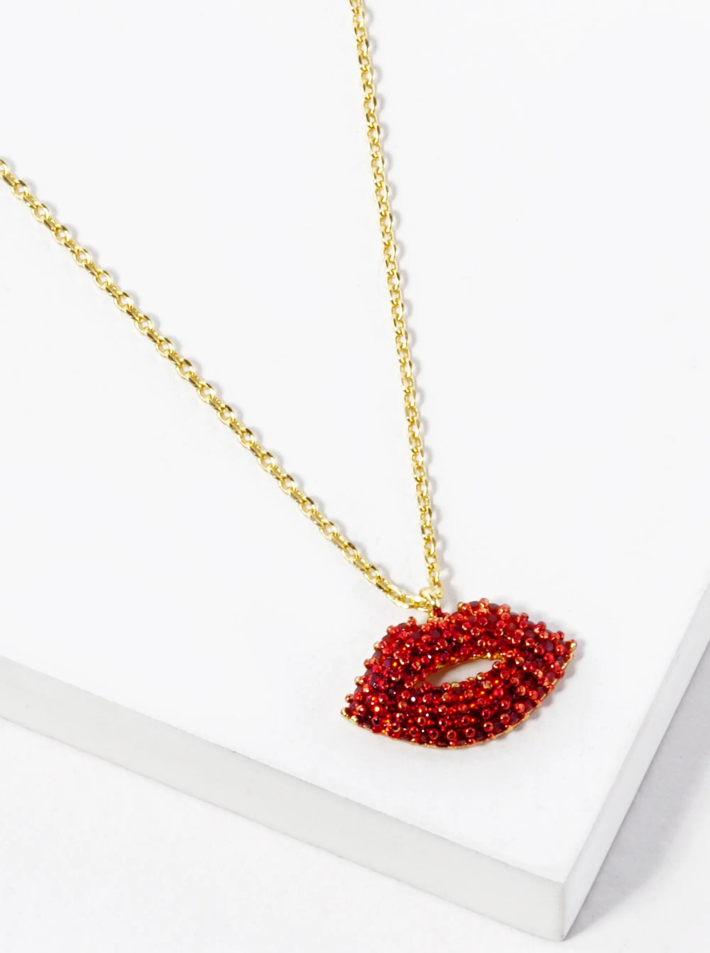 White Gold Dipped CZ Pave Lips Pendant Necklace