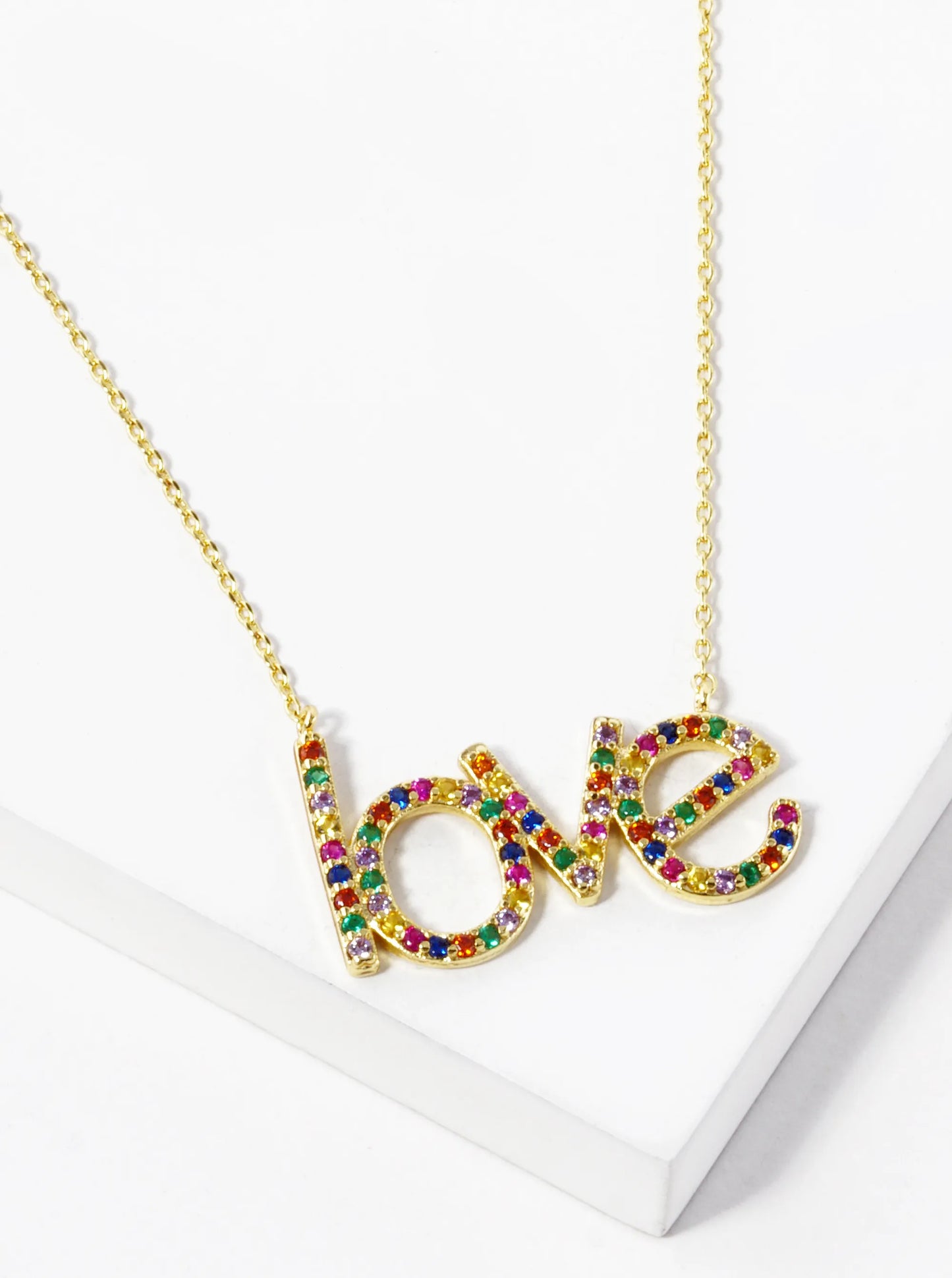 White Gold Dipped CZ Pave Love Word Pendant Necklace