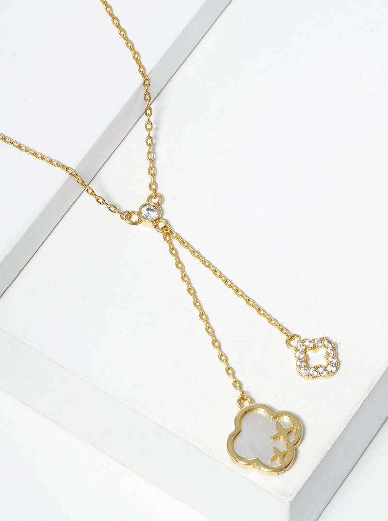 18k Gold Dipped CZ MOP Quatrefoil Pendant Necklace