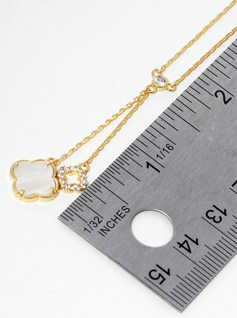 18K Gold Dipped CZ Pave MOP Double Quatrefoil Pendant Necklace