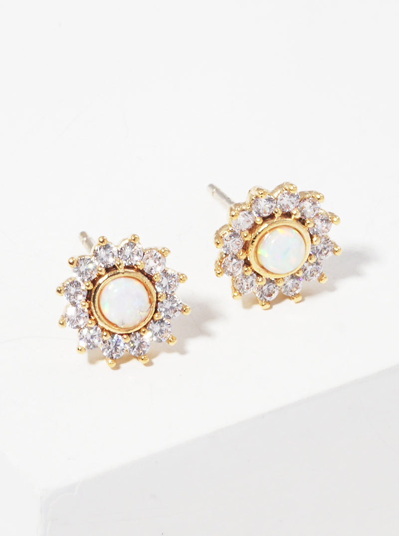 18K Gold Dipped CZ Pave Opal Flower Post Stud Earrings