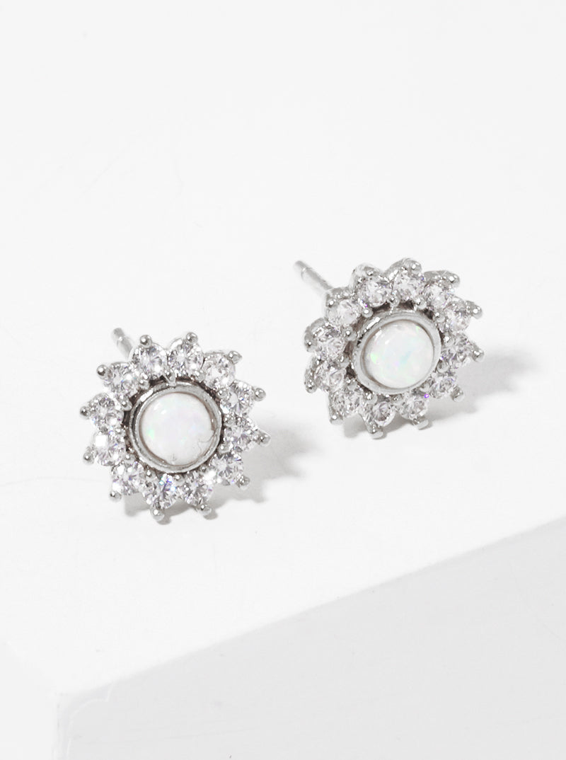 18K Gold Dipped CZ Pave Opal Flower Post Stud Earrings