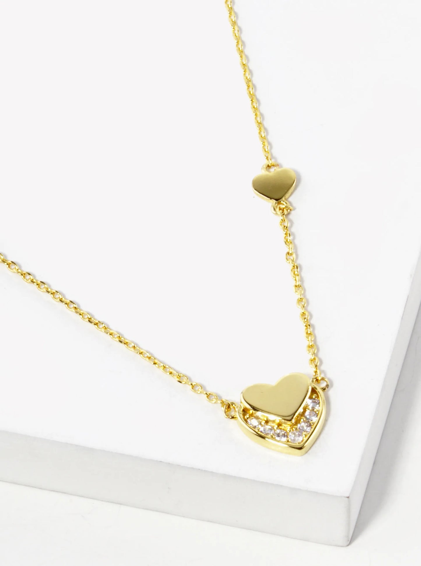 White Gold Dipped CZ Pave Overlapped Two Heart Pendant Necklace