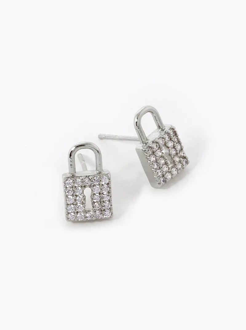 18K Gold Dipped CZ Pave Padlock Stud Earrings