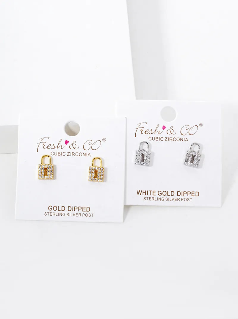 18K Gold Dipped CZ Pave Padlock Stud Earrings
