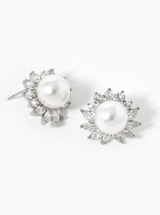 18K-Gold-Dipped CZ Pave Pearl Flower Stud Earrings