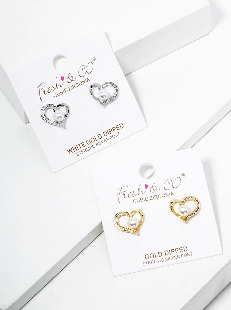 18K Gold Dipped CZ Pave Pearl Heart Post Stud Earrings