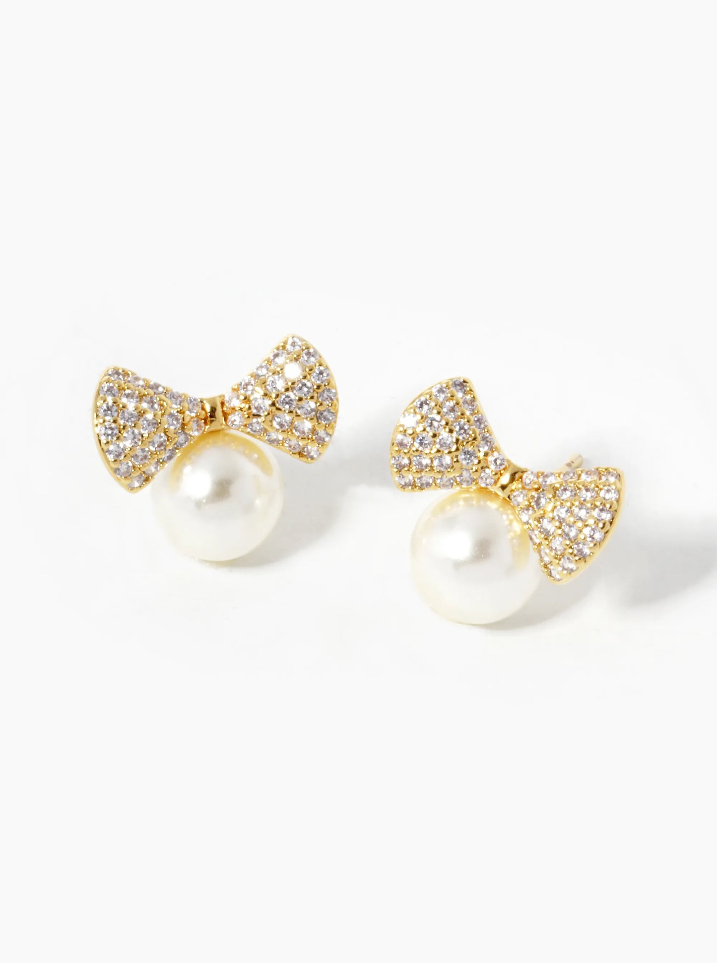 18K Gold Dipped CZ Pave Pearl Ribbon Bow Stud Earrings