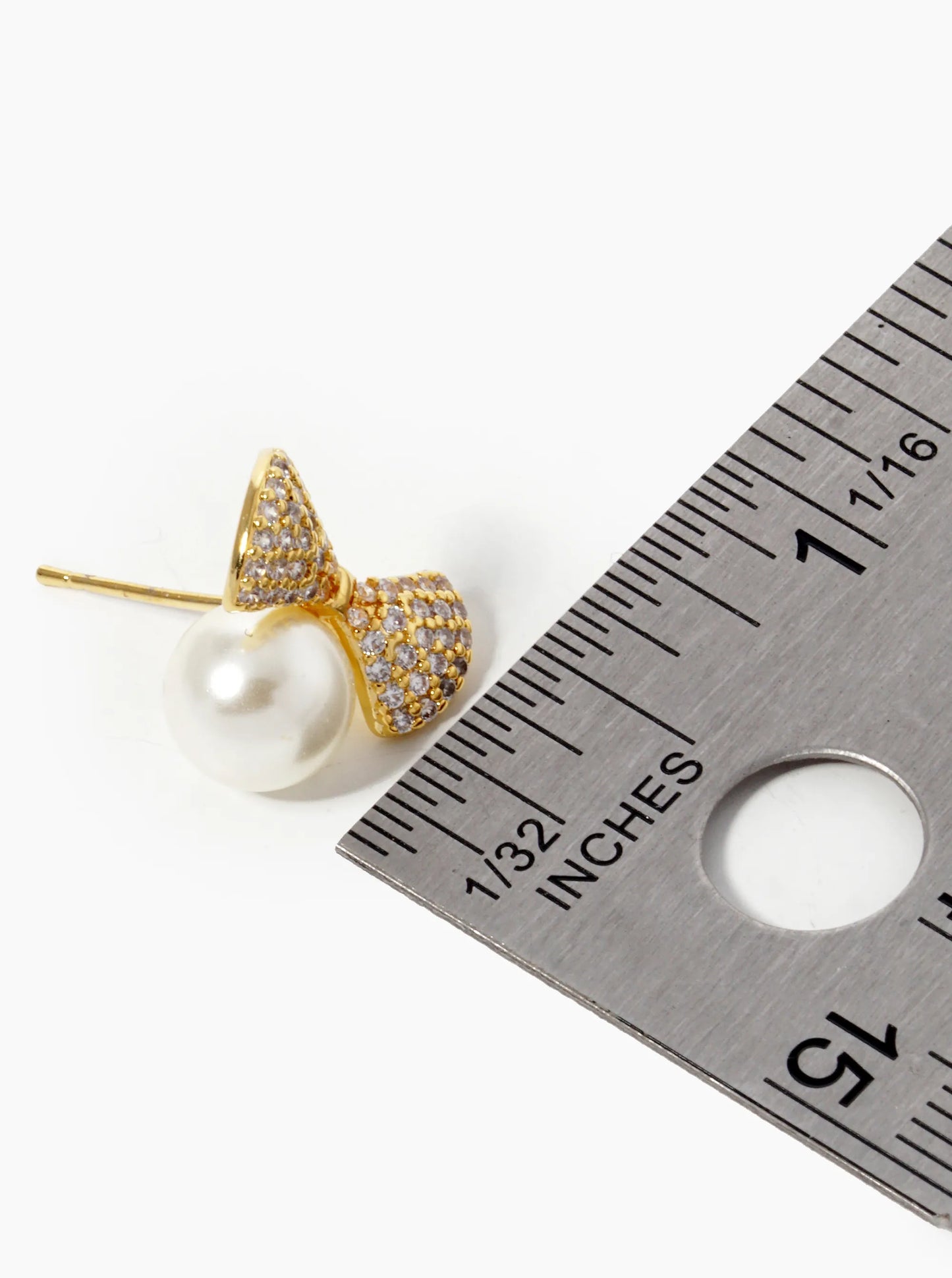 18K Gold Dipped CZ Pave Pearl Ribbon Bow Stud Earrings