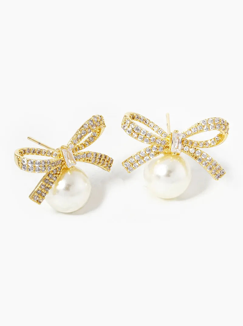 White Gold Dipped CZ Pave Pearl Ribbon Bow Stud Earrings