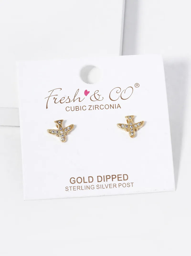 18K Gold Dipped CZ Pave Plane Stud Earrings