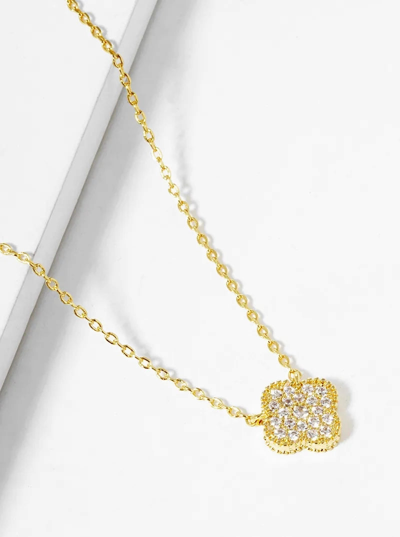 18K Gold Dipped CZ Pave Quatrefoil Pendant Necklace