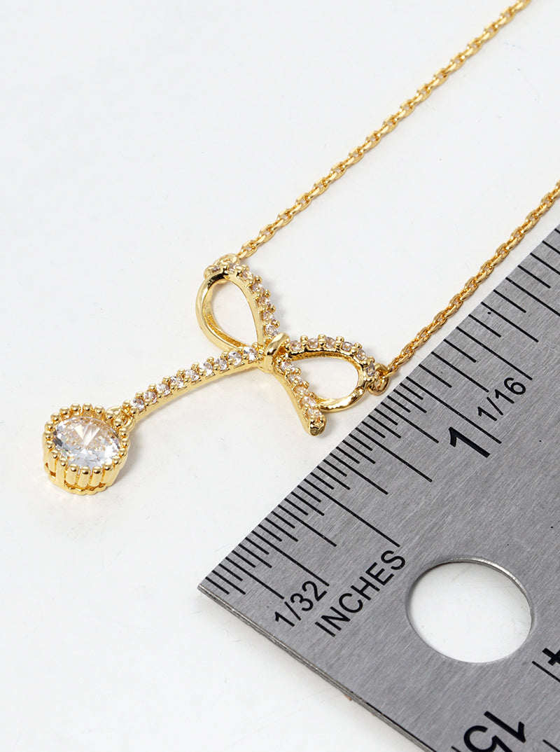 18K Gold Dipped CZ Pave Ribbon Bow Pendant Necklace