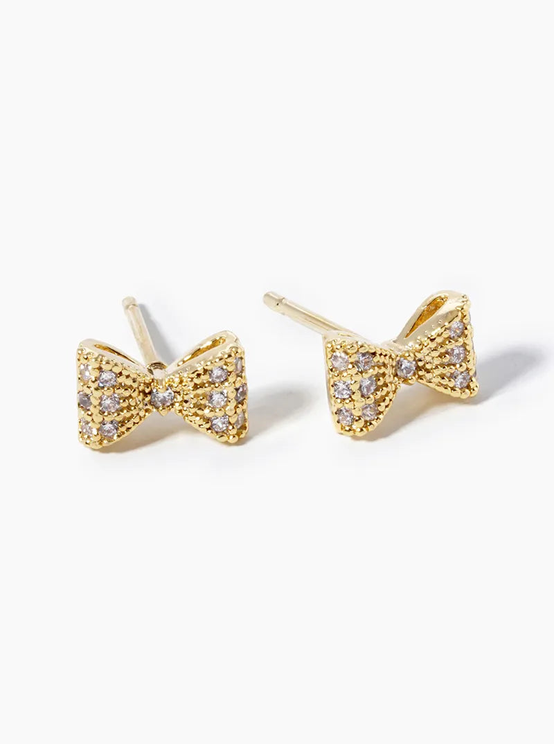 White Gold Dipped CZ Pave Ribbon Bow Post Stud Earrings