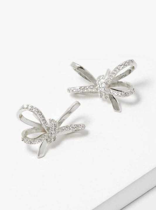 18K Gold Dipped CZ Pave Ribbon Bow Stud Earrings