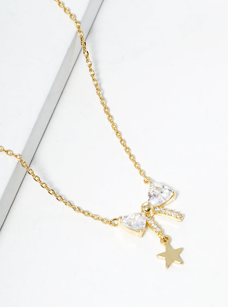White Gold Dipped CZ Pave Star And Moon Pendant Necklace