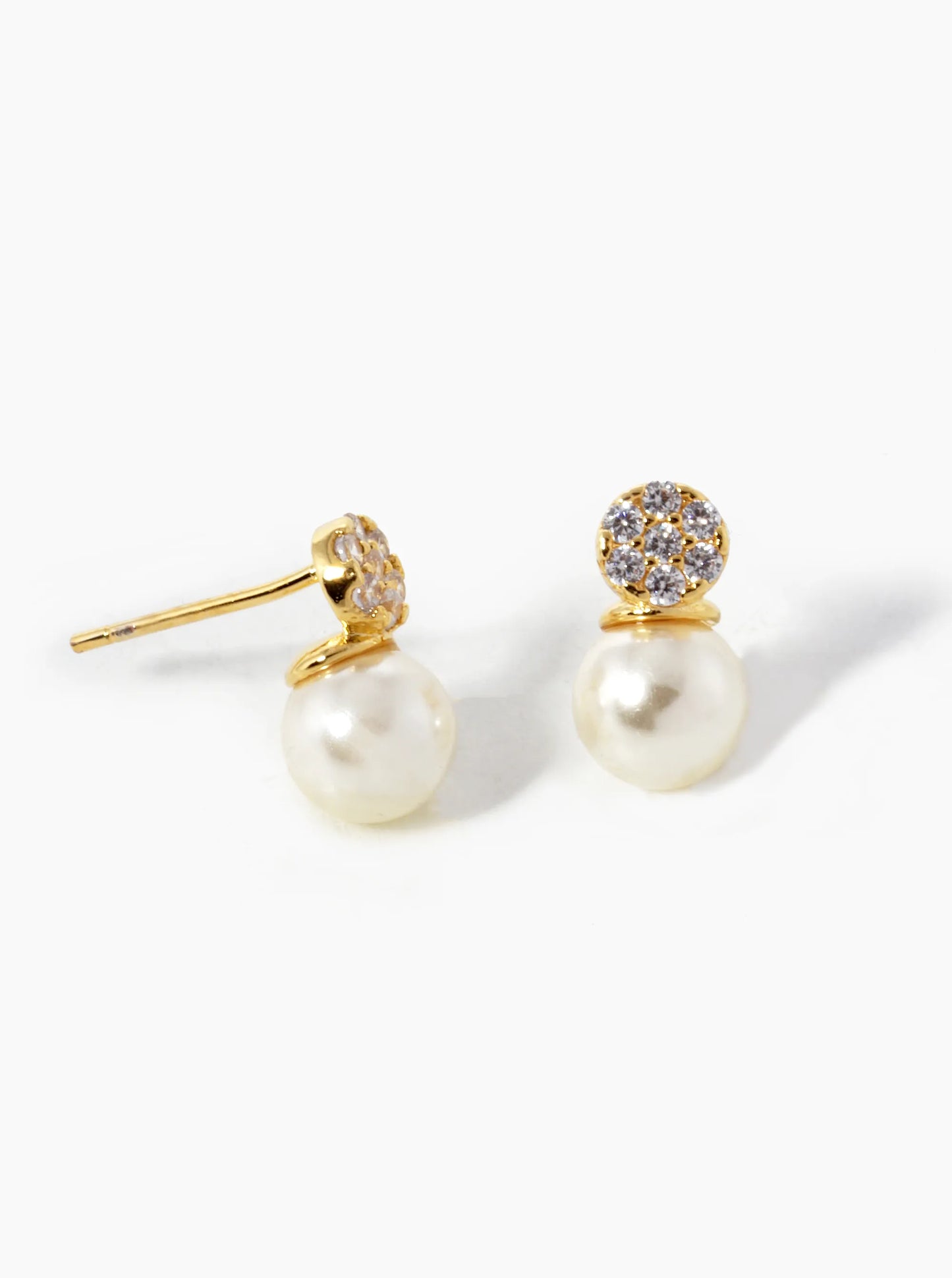 18K-Gold-Dipped CZ Pave Round With Pearl Drop Stud Earrings