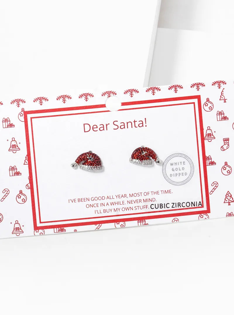18K Gold Dipped CZ Pave Santa Claus Christmas Hat Stud Earrings