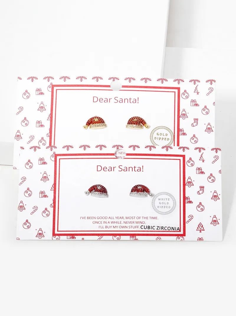 18K Gold Dipped CZ Pave Santa Claus Christmas Hat Stud Earrings